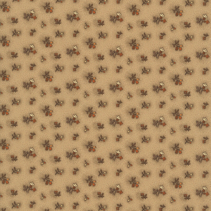 Textured tan fabric featuring delicate cream, orange, and brown buds and flowers.