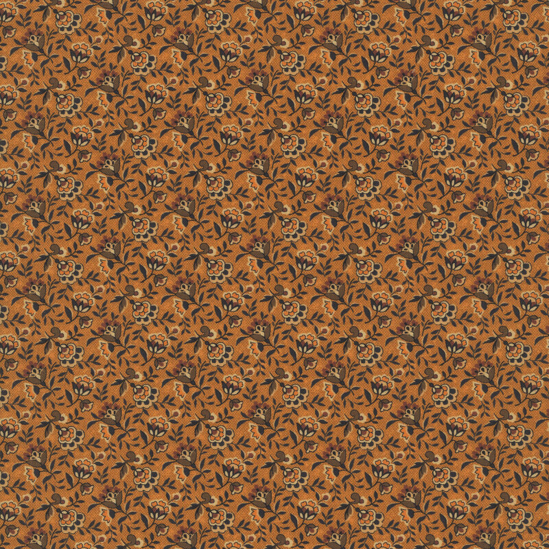 Burnt sienna fabric featuring stylized tan and brown flowers and leafy sprigs.