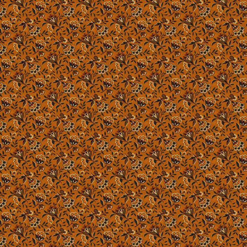 Burnt sienna fabric featuring stylized tan and brown flowers and leafy sprigs.