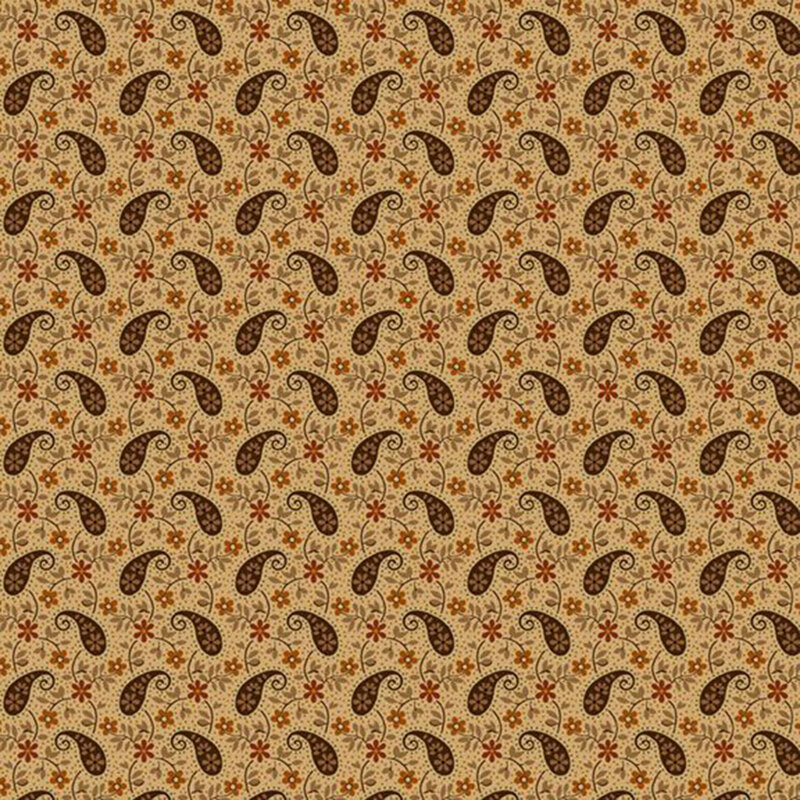 Buff fabric featuring black and brown floral paisley designs tossed with leafy vines and flowers.
