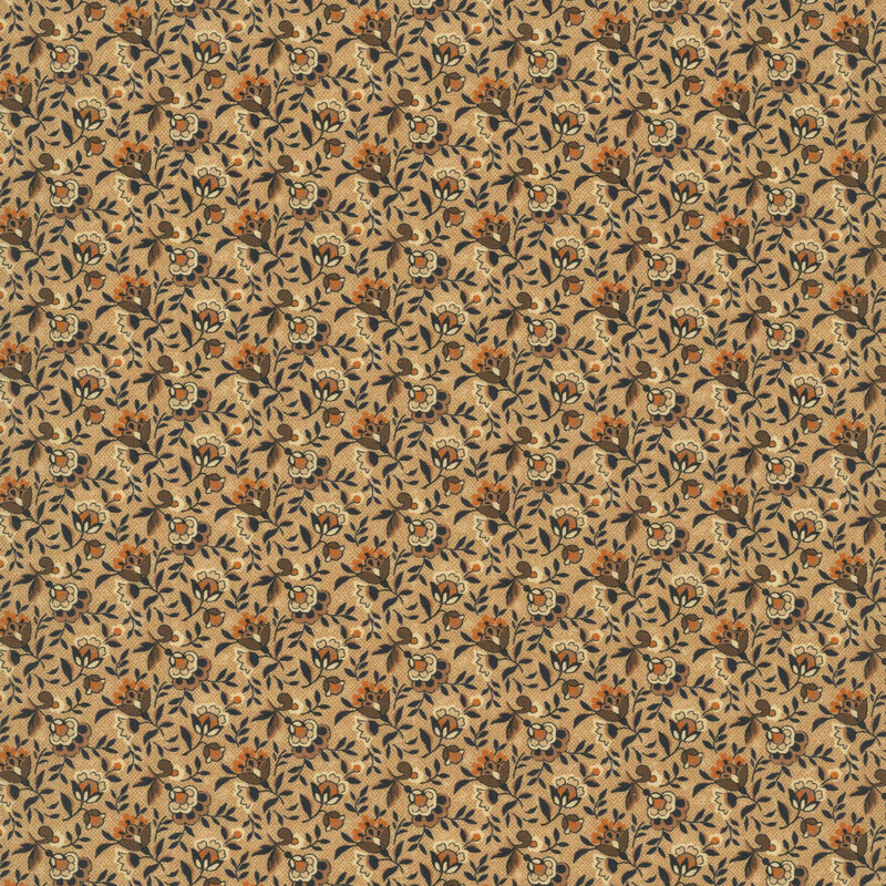 Buff fabric featuring stylized orange and brown flowers and leafy sprigs.