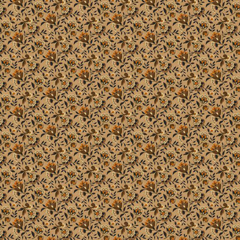 Buff fabric featuring stylized orange and brown flowers and leafy sprigs.