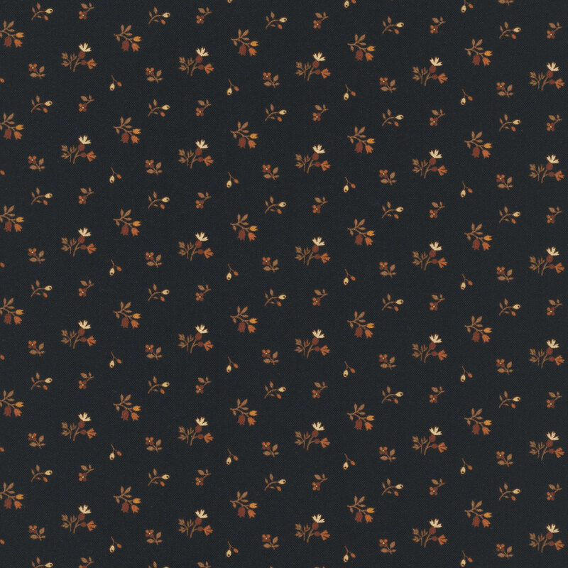 Black fabric featuring delicate cream, orange, and brown buds and flowers.