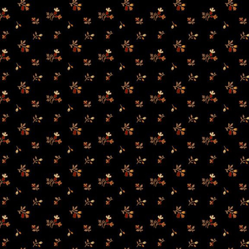 Black fabric featuring delicate cream, orange, and brown buds and flowers.