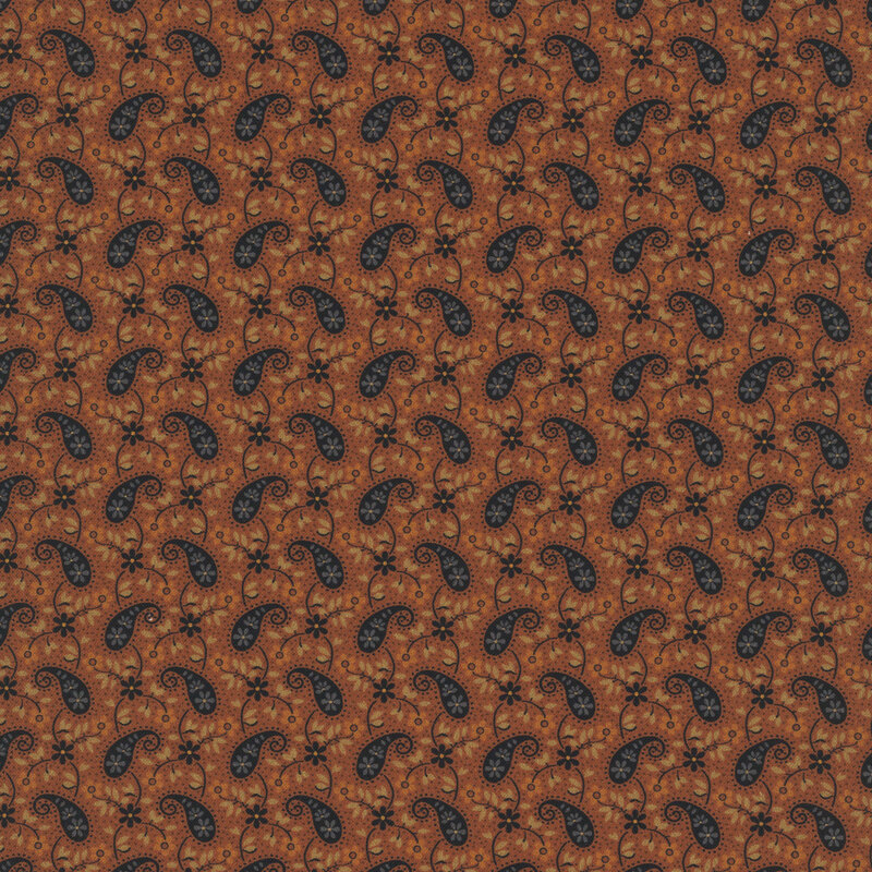 Dark burnt sienna fabric featuring black and grey floral paisley designs with leafy floral vines and tiny dotted accents.