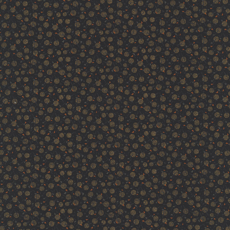 Soft black fabric with a calico pattern of maple winged seeds and dandelion puffs.