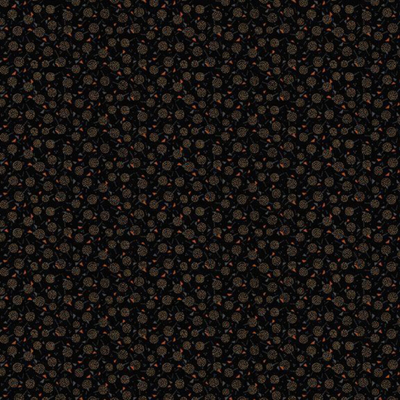 Black fabric with a calico pattern of maple winged seeds and dandelion puffs.