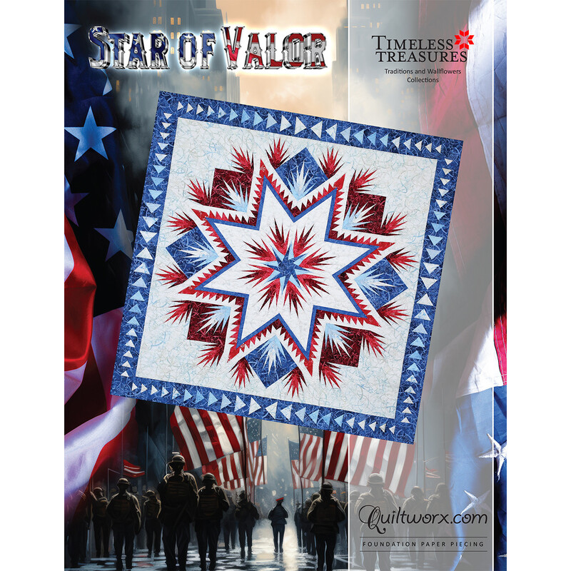 A striking quilt design titled Star of Valor features red, white, and blue colors against a patriotic backdrop.