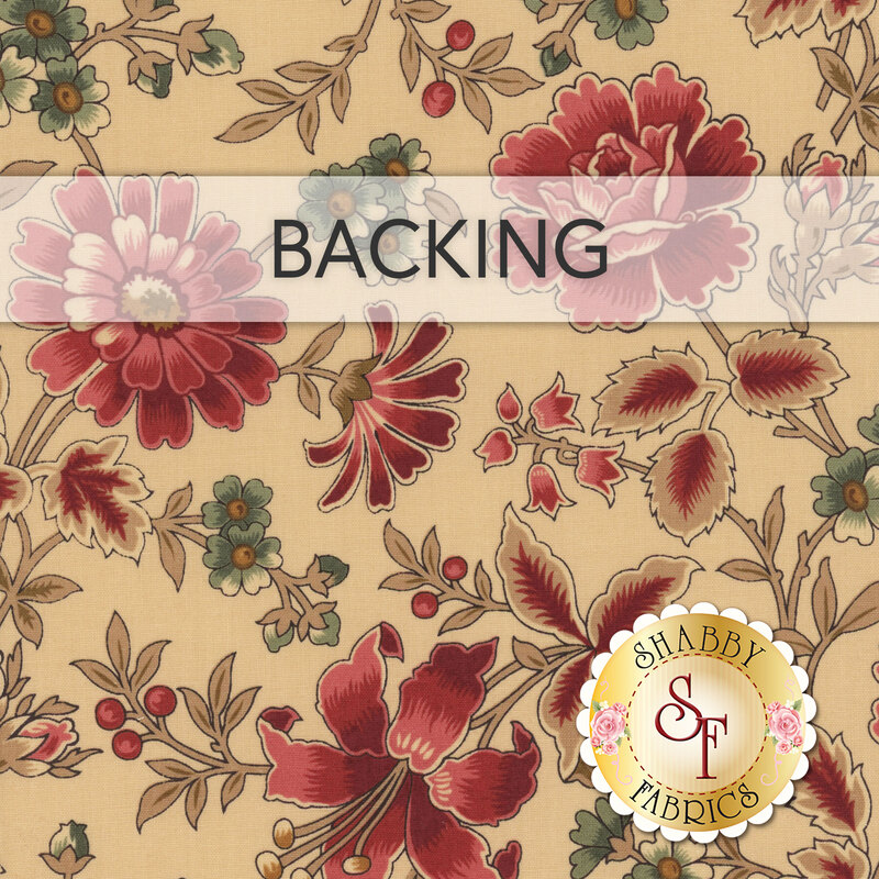 A swatch of tan fabric with an elegant, Jacobean floral pattern in rose red and tonal tan accents with small blue flowers. A banner at the top reads "Backing" and a golden Shabby Fabrics logo can be seen in the lower right hand corner.