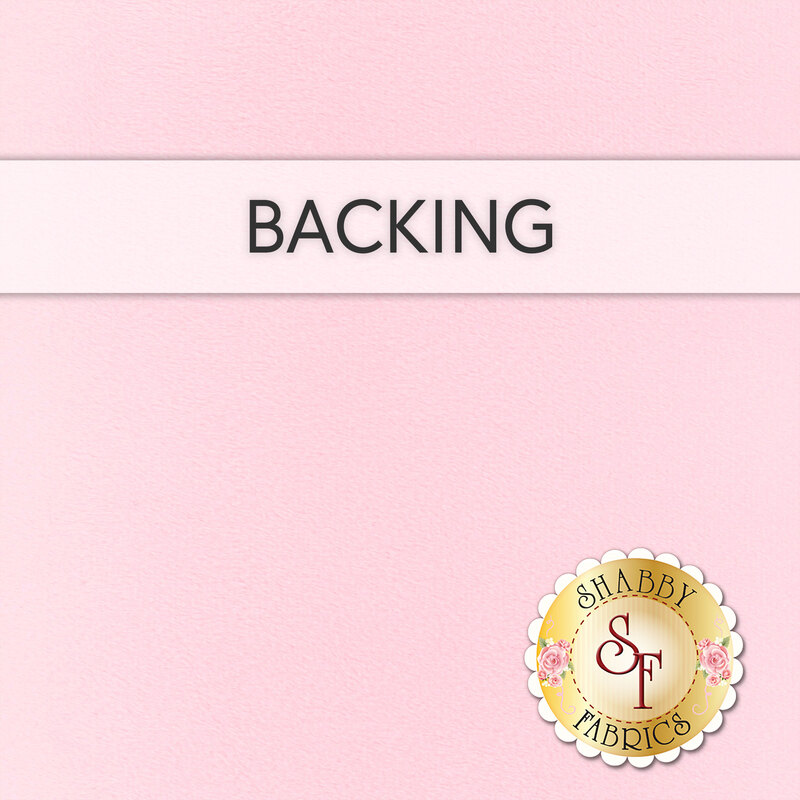 A swatch of blush cuddle 3 fabric, a banner at the top reads 'backing' and a gold shabby fabrics logo sits in the bottom right corner.