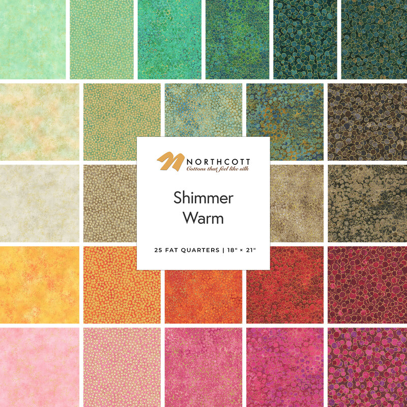 A fabric collage featuring warm toned shimmer fabric from the Shimmer collection by Northcott.