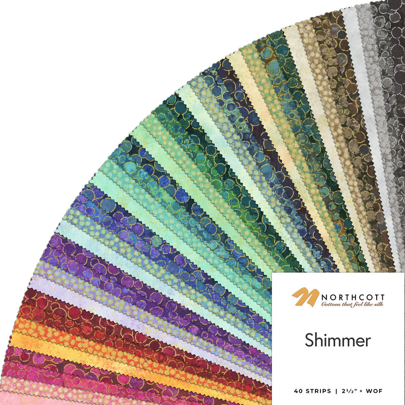 A fanned fabric collage featuring a rainbow of shimmer fabric from the Shimmer Collection by Northcott. 