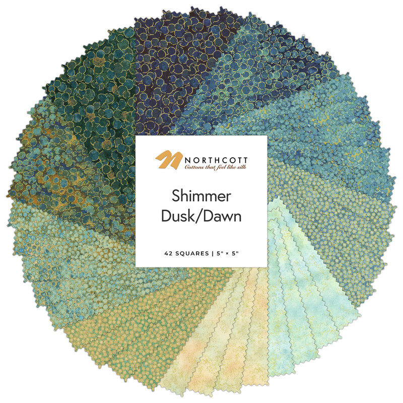 A spiral fabric collage featuring cool toned shimmer fabric from the Shimmer collection by Northcott.