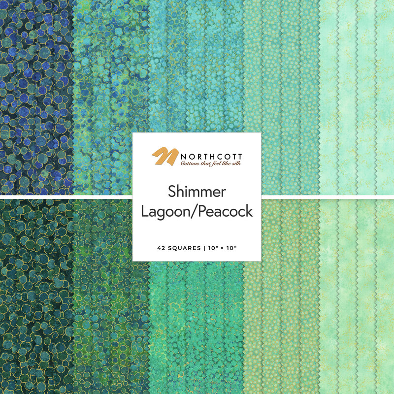 A fabric collage featuring cool toned shimmer fabric from the Shimmer collection by Northcott.