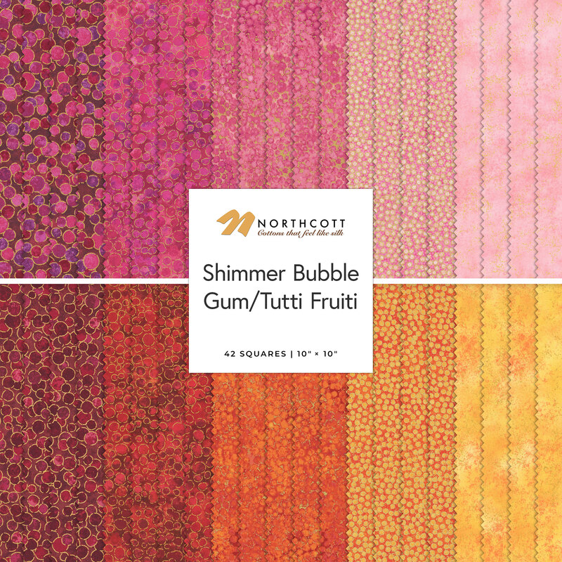 A fabric collage featuring warm toned shimmer fabric from the Shimmer collection by Northcott.