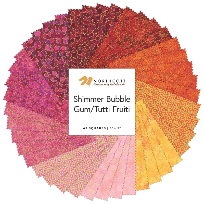 A spiral fabric collage featuring warm toned shimmer fabric from the Shimmer collection by Northcott.