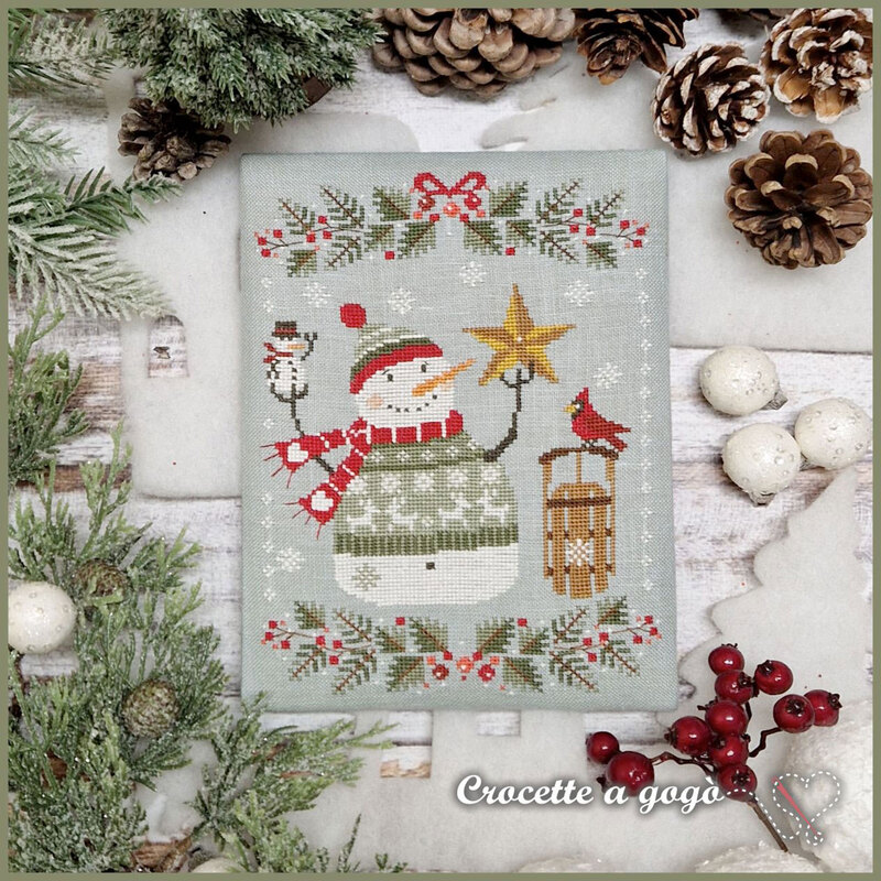 The completed project, a warmly dressed snowman in a festive green sweater, staged with coordinating winter and holiday decor.