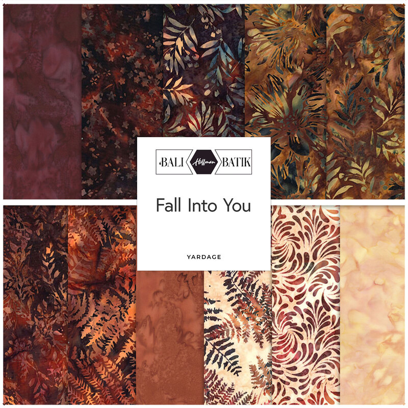 Collage of batik fabrics in the collection in mahogany, deep brown, auburn, and tan with watercolor mottling and leaf designs.