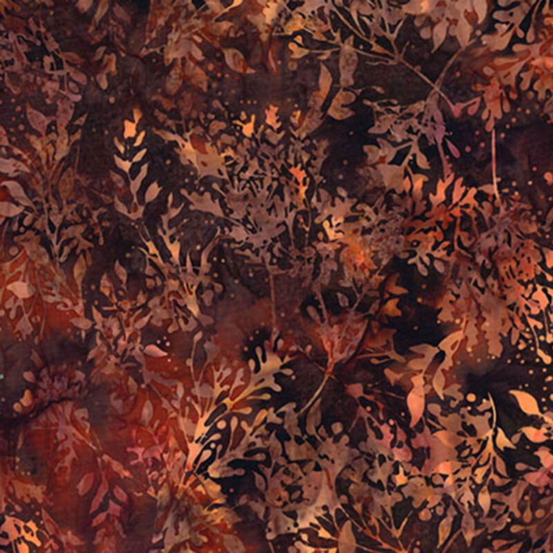 Coffee brown fabric with reddish brown mottling and a tonal overlay of leaves and stems