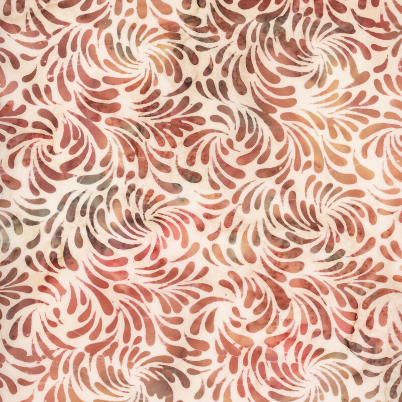 Mottled light tan fabric with a pattern of brown and auburn watercolor teardrop shapes