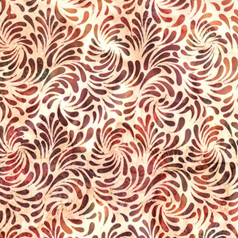 Mottled tan fabric with a pattern of brown and auburn watercolor teardrop shapes