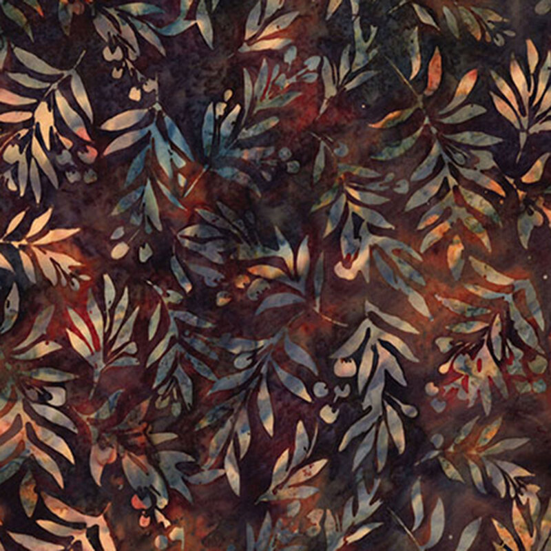 Deep espresso brown fabric with chestnut mottling and a pattern of watercolor tan and navy blue palm fronds