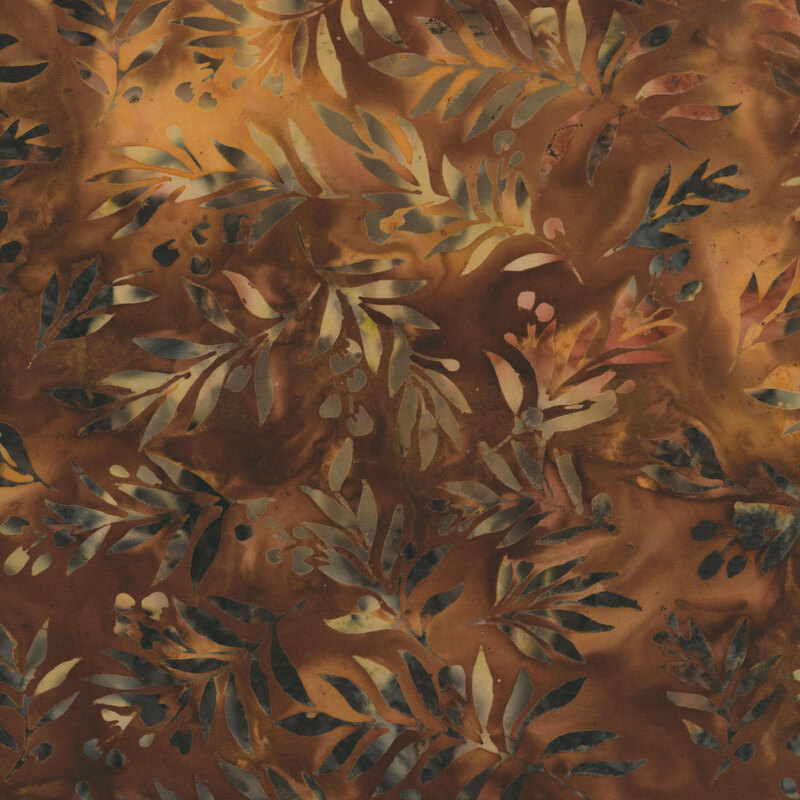 Chocolate and caramel brown mottled fabric with scattered leaf silhouettes