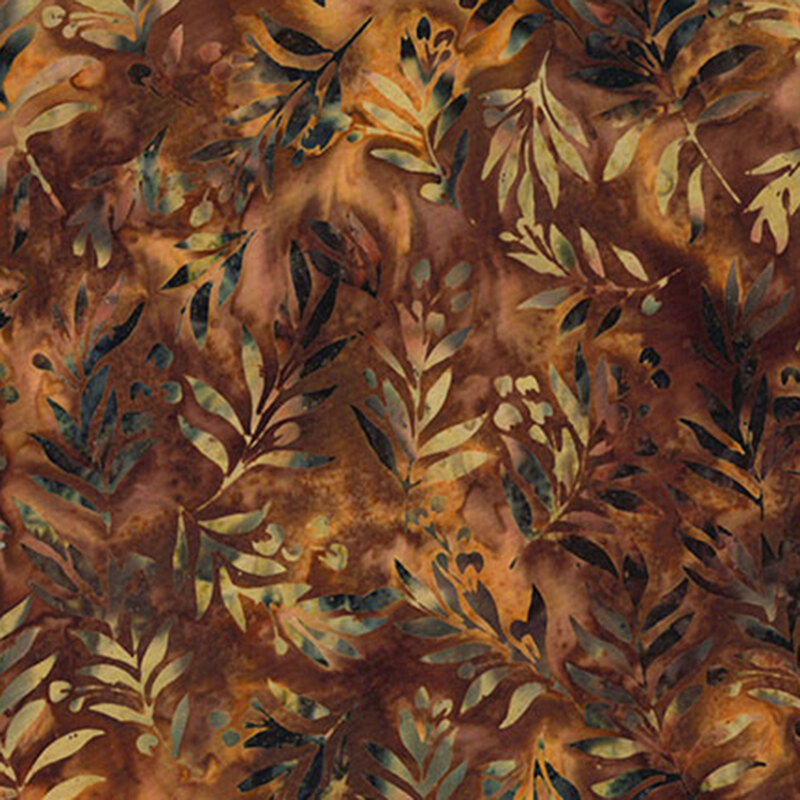 Chocolate and caramel brown mottled fabric with scattered leaf silhouettes