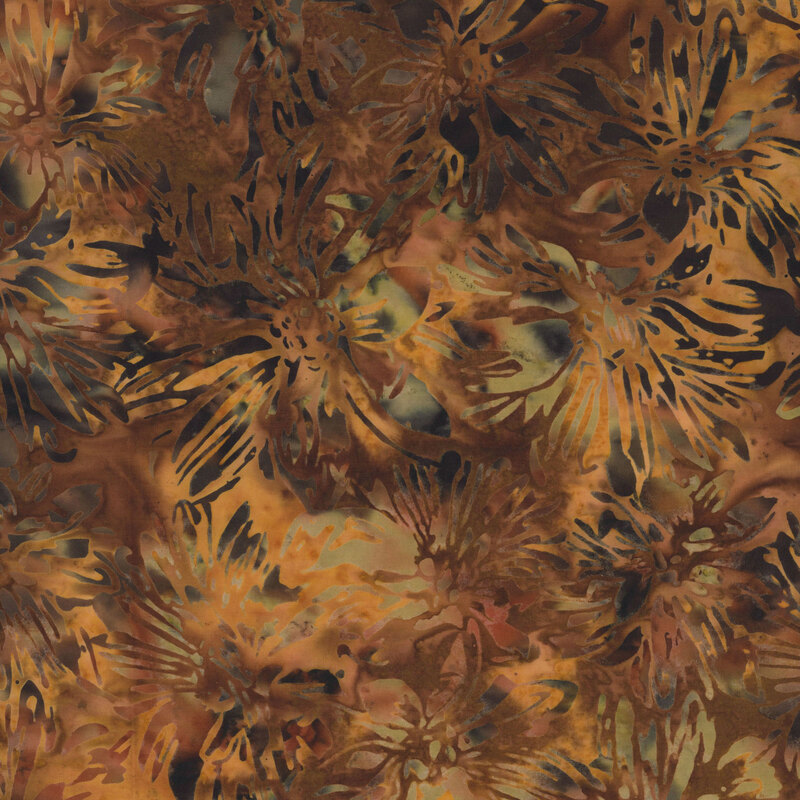 Chocolate and caramel brown mottled fabric with a green-hued watercolor floral overlay