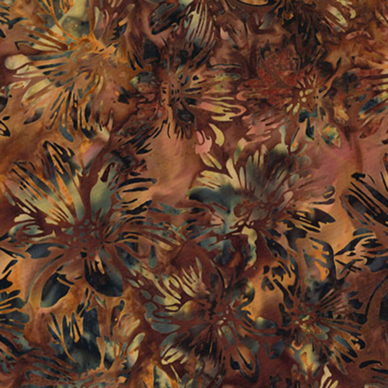 Chocolate and caramel brown mottled fabric with a green-hued watercolor floral overlay
