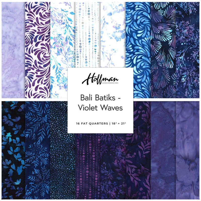 A collage of fabrics included in the Bali Batiks - Violet Waves collection with blue and violet mottled batiks.