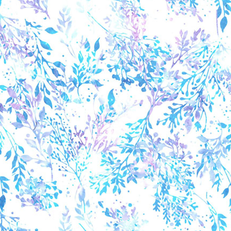 White batik fabric featuring leaves in mottled hues of teal and violet.
