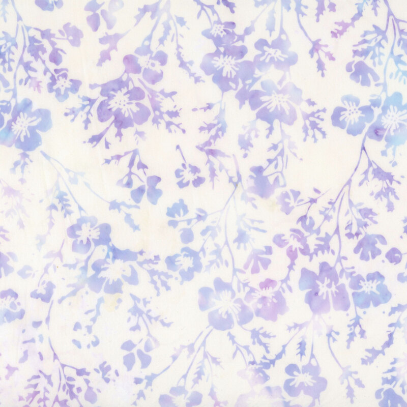 White batik fabric featuring mottled flowers and leaves in hues of violet and blue.