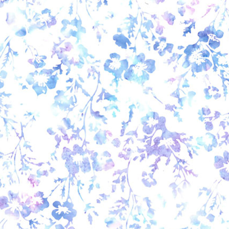 White batik fabric featuring mottled flowers and leaves in hues of violet and blue.