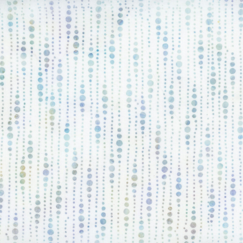 White batik fabric featuring beaded curtain of dots in marbled colors of orchid and teal.