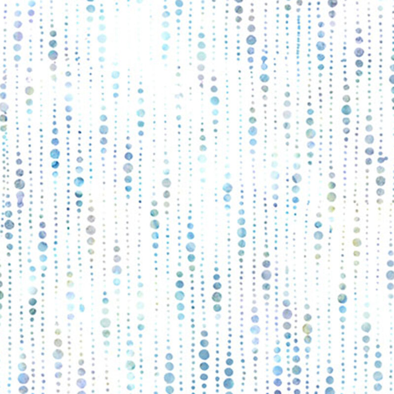 White batik fabric featuring beaded curtain of dots in marbled colors of orchid and teal.