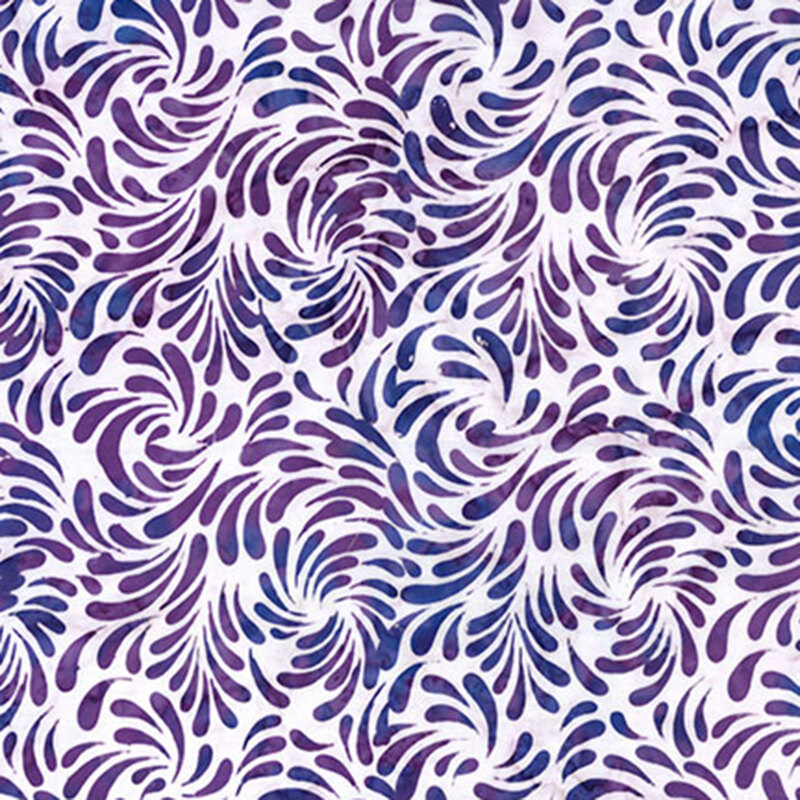 White batik fabric featuring a swirling design of brush strokes in mottled hues of violet and blue.