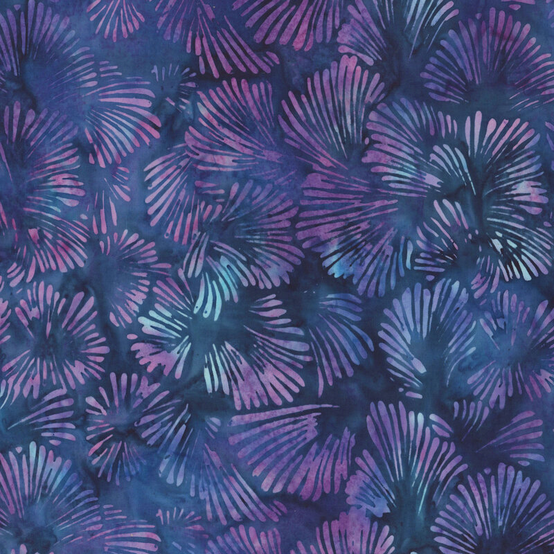 Mottled deep purple batik fabric featuring floral silhouettes in hues of ice blue and violet.