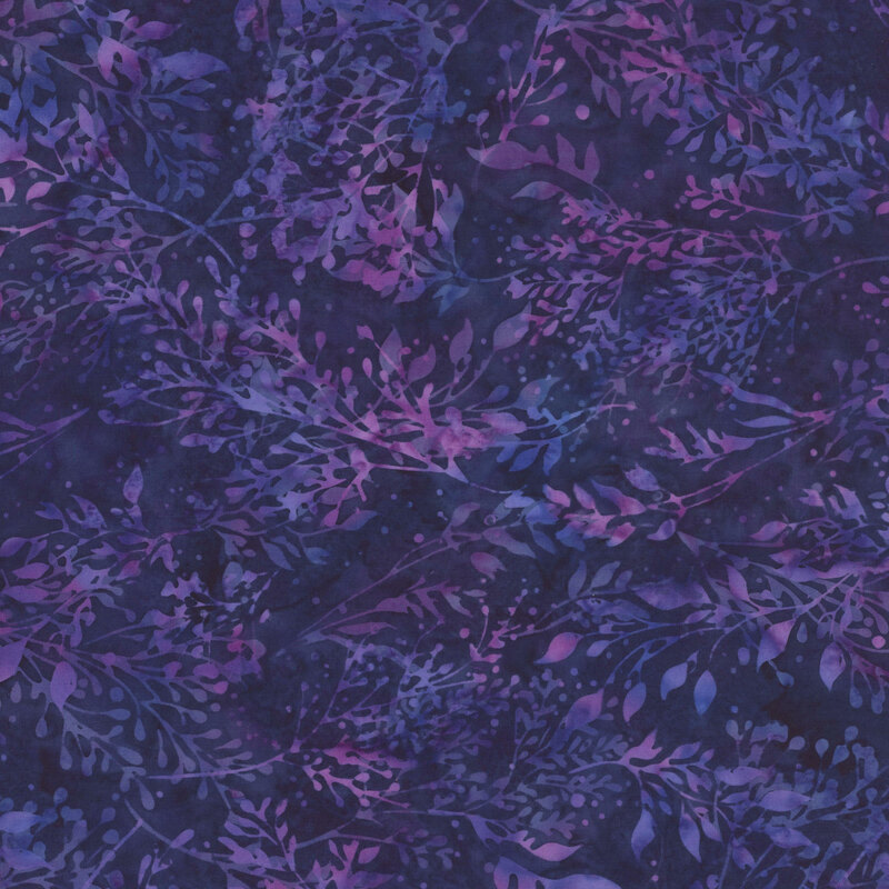 Deep purple batik fabric featuring leaves in mottled hues of violet and orchid.