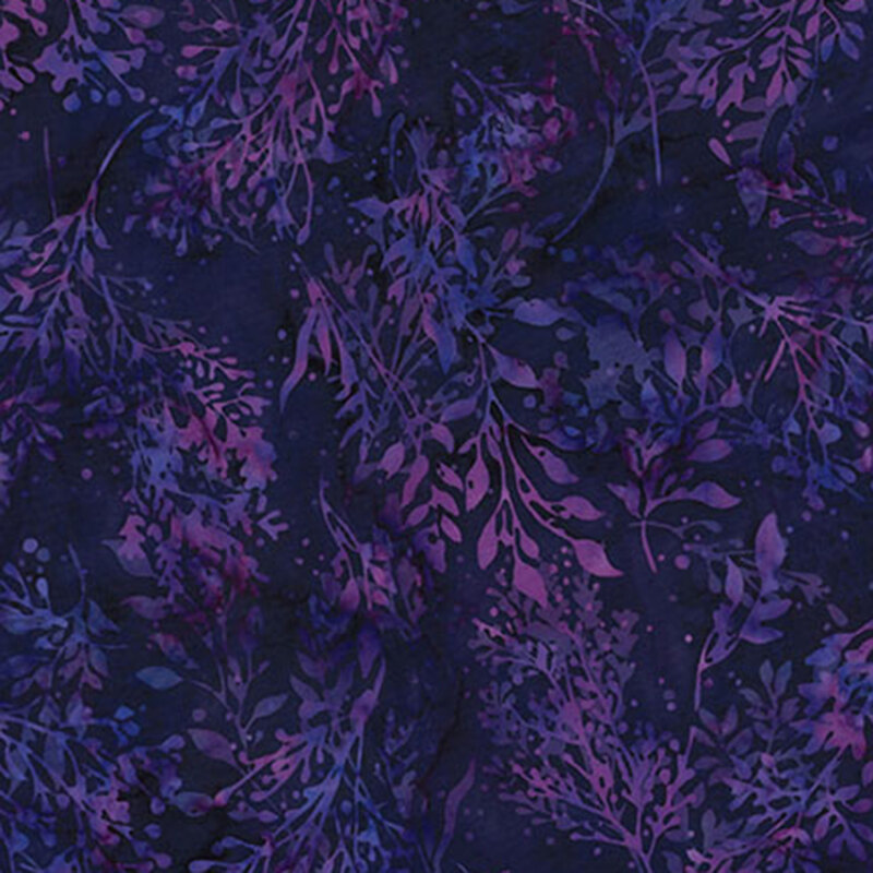 Deep purple batik fabric featuring leaves in mottled hues of violet and orchid.