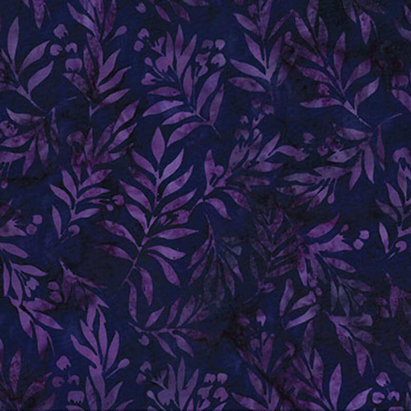 Deep purple batik fabric featuring mottled, long leafy violet stems.