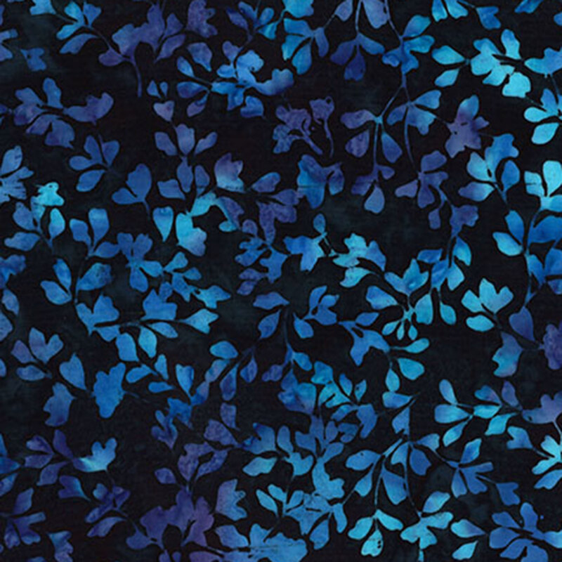 Black batik fabric featuring a scattering of leaves in mottled hues of blue.