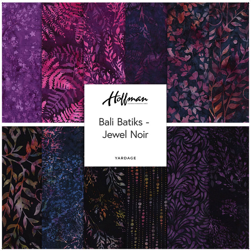 A collage of fabrics included in the Bali Batiks - Jewel Noir collection featuring mottled leafy fabrics in dark purples.
