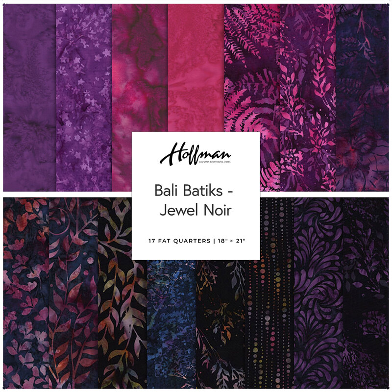 A collage of fabrics included in the Bali Batiks - Jewel Noir collection featuring mottled leafy fabrics in dark purples.