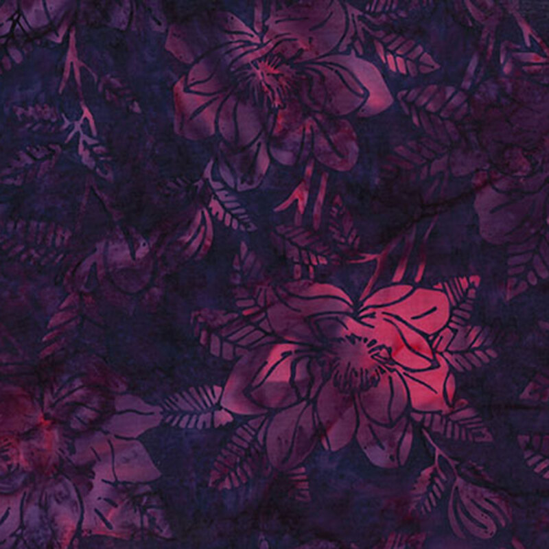 Mottled, dark purple fabric featuring large flowers and leaves.