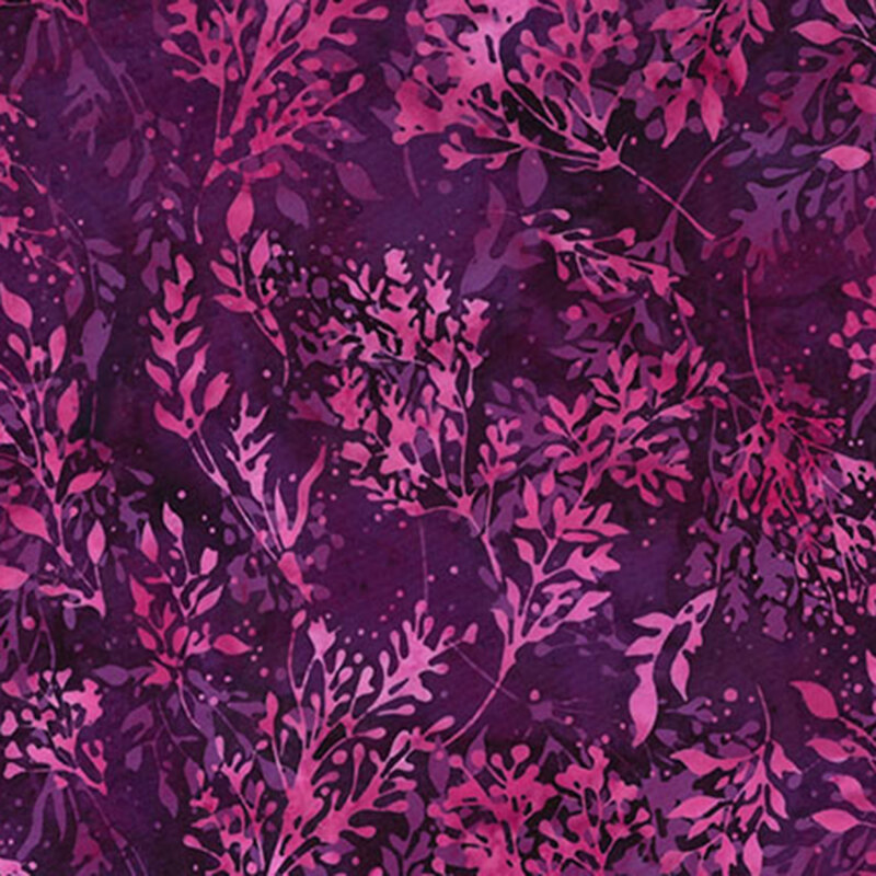 Mottled, deep purple batik fabric featuring long stemmed magenta leaves.