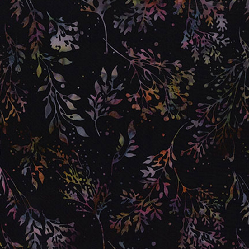 Black batik fabric featuring long stemmed leaves in mottled and muted colors.