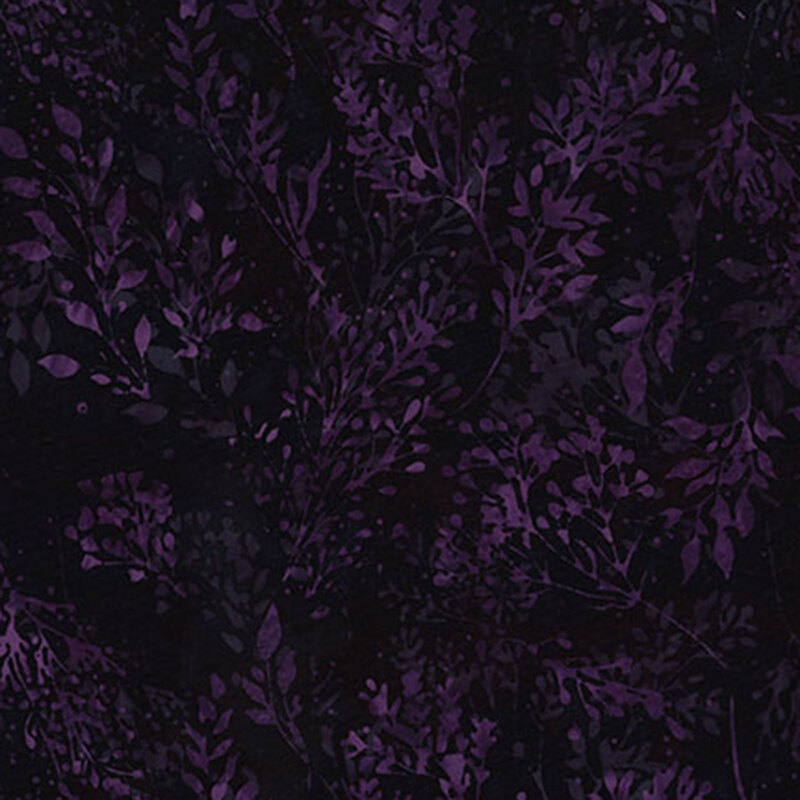 Black batik fabric featuring long stemmed, deep purple leaves