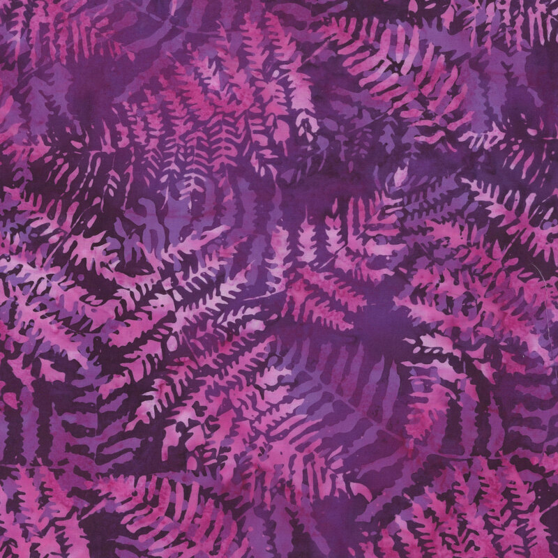 Mottled, deep purple batik fabric featuring large fern leaves in lighter purples and pinks.