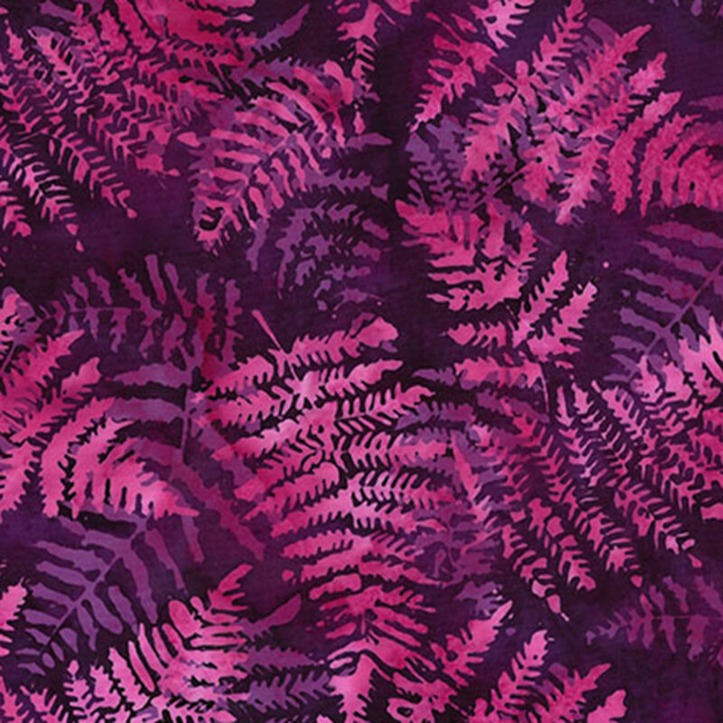 Mottled, deep purple batik fabric featuring large fern leaves in lighter purples and pinks.